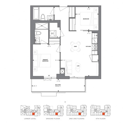 Floor plan for 2 beds, 2 baths, 725 sqft